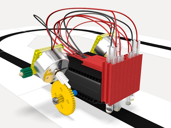  Die Chassis und die Getriebeeinheiten wird aus einfachsten Materialien nach Anleitung gebaut und dann mit der Steuereinheit verbunden. Das Gefährt kann, wenn es in Experimenten richtig konfiguriert und tariert wird, einer Linie folgen. 